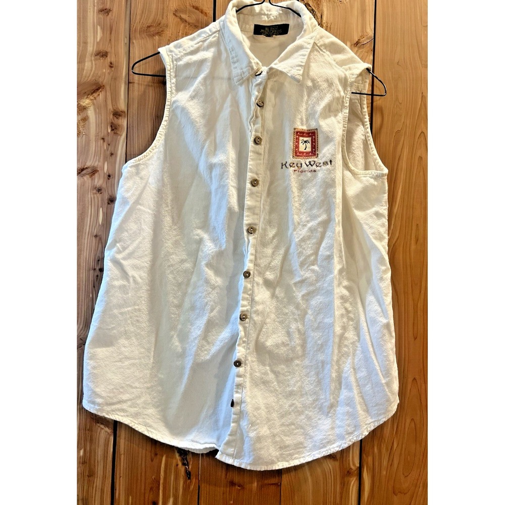 Cotton Palm Key West Florida Sleeveless Button Up Women White Resort Beach shirt